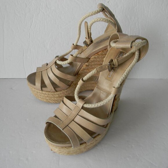 MICHAEL KORS COLLECTION MADE IN ITALY LEATHER ESPADRILLE PLATFORM WEDGE SANDALS - Picture 2 of 8